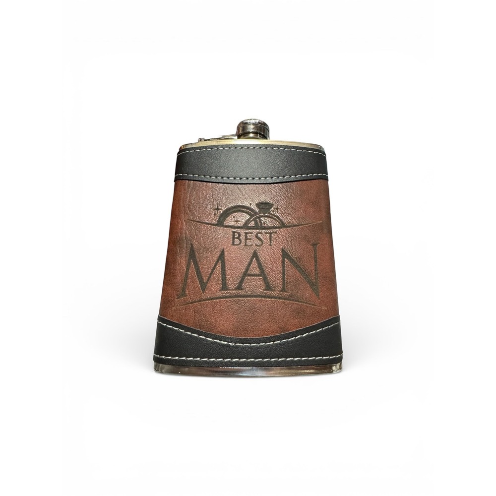 Best Man Groomsman Flask Set Stainless Steel Brown Faux Leather Wrap with Funnel